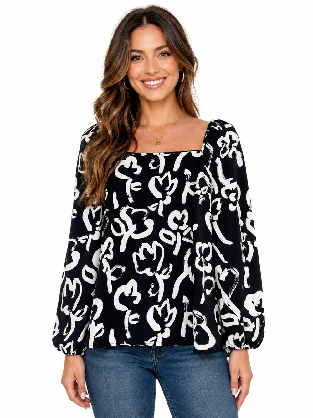 J. Crew Black and White Square-Neck Floral Brushstroke Blouse